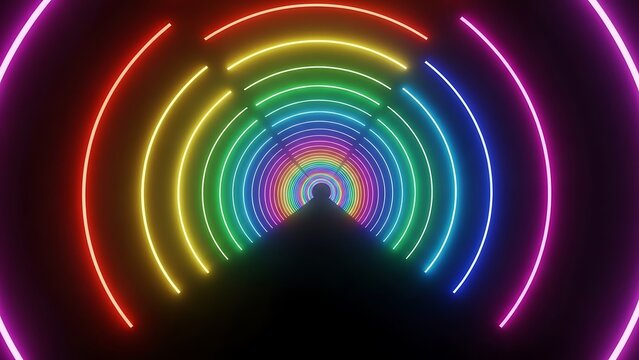 Neon rainbow circles glowing dark tunnel