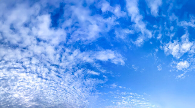 Patch of blue sky covered with cirrus clouds .Type of steam vibrate fibrous at summer day. Clear light background. Wide panorama of some many cloud.