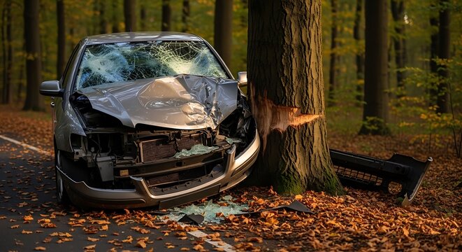 Silver car severely damaged after crashing into a tree on an autumn forest road with shattered glass scattered