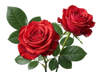 Naklejka premium Two vibrant red roses with green leaves detailed petals on transparent background
