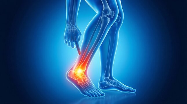3D rendered medical illustration of a human skeleton showing anatomy of the spine and a painful blue joint injury in a woman's shoulder