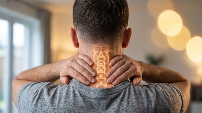 Overworked man experiencing intense upper back and cervical spine pain clutching his neck with a glowing medical overlay highlighting the vertebrae in distress