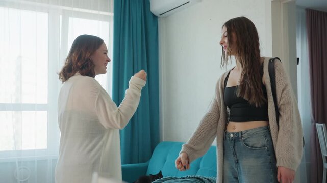 Joyful Handshake Shared, Friendly Roommates Exchange Playful Gestures In Bright Living Room, Charming Roommates Engage In Lighthearted Handshake Amid Cheerful Decor And Natural Sunlight