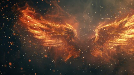 Fiery abstract wings illustration with glowing particles on dark background