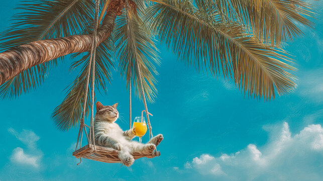 A tubby cat holding a glass of juice, resting on the swing under a palm tree, above the beach, a glass of juice near it, Summer vacation concept