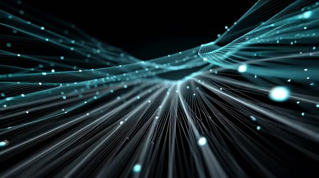 Futuristic warp speed tunnel made woven luminous fiber optic threads flexible digital fabric mesh 3D render, threads interlacing dynamically intelligent textile, stretching tightening parallax depth