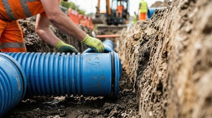 Worker in high visibility vest and gloves connects blue corrugated pipes in a muddy trench at a construction site