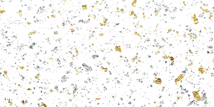 Abstract pattern of a white background with random gold and silver metallic flecks scattered across the surface.