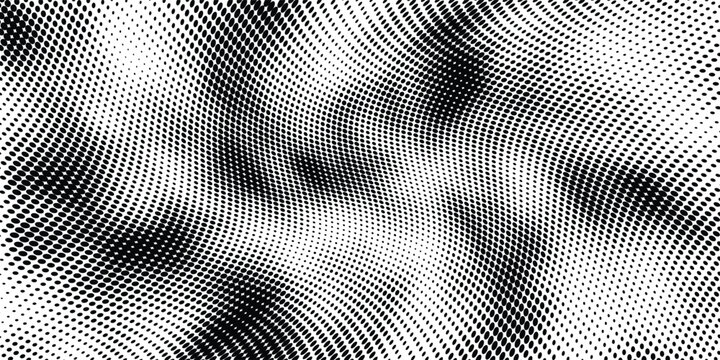 Elegant monochrome halftone dots ripple pattern, abstract warped dotted texture, modern digital background. vector illustration art