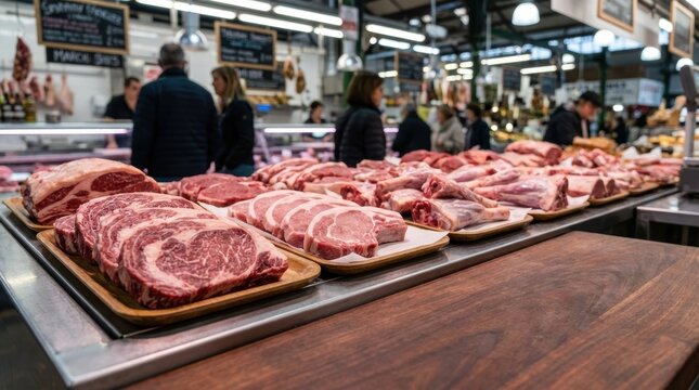 Various fresh raw meat cuts including beef pork and lamb displayed on wooden trays inside a bustling butcher shop market