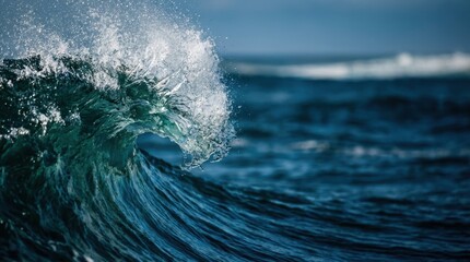 A large powerful ocean wave with a curling crest and splashing white foam Deep blue and green water shows movement