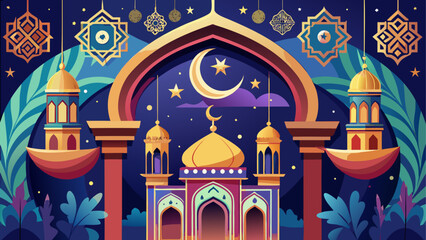 Illustration of a mosque with crescent moon © ruposhi