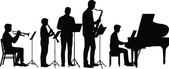 Jazz band musicians silhouettes playing trumpet, saxophone, clarinet and piano with music stands in minimalist black vector style for performance. © Yeacen
