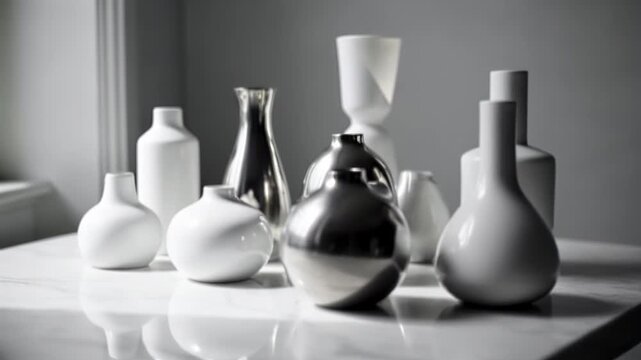 Elegant collection of white and silver vases slowly changing shape on a marble table top