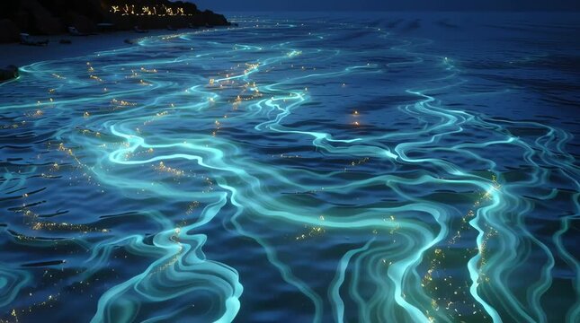 aerial view shallow tropical lagoon glowing bioluminescent micro-algae, swirling dynamic patterns on water pastel sunset light, light refracting sandy bottom ripples, cinematic 3d magical nature, slow