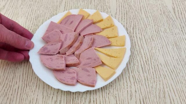 A white plate on a wooden table displays neatly arranged slices of deli meat and cheese, presented in a symmetrical pattern for a simple and appetizing food scene