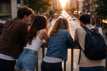 Obraz premium Group of young people standing on a bridge, observing the urban landscape and traffic during a luminous sunset, connecting with the vibrant life of the city