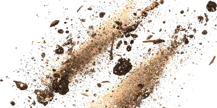 Brown soil and dirt particles scattered in two diagonal lines against a clean white background.