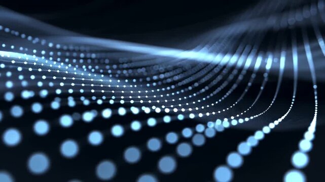 Abstract futuristic digital wave with glowing blue dots on dark background.