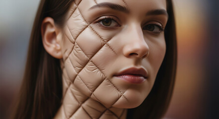 Naklejka premium Abstract Close Up of a Female Face with Quilted Pattern Skin Texture Representing Synthetic Beauty