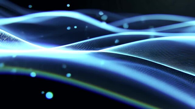 Abstract blue glowing waves on dark background with bokeh effect.