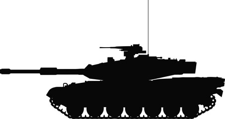 Modern military battle tank silhouette with cannon turret and tracks in minimalist black vector style representing armored warfare and defense equipment. © Yeacen