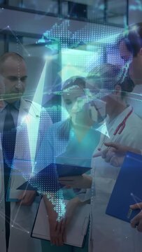 Vertical video: Med team using tablet in ER nurse tapping causing globe overlay showing health data