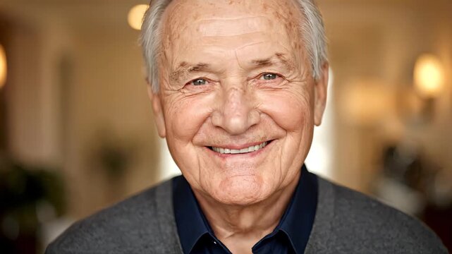 Close-up portrait of a happy elderly man smiling at the camera. A cheerful senior citizen with grey hair and a gentle expression. Graceful aging and retirement contentment