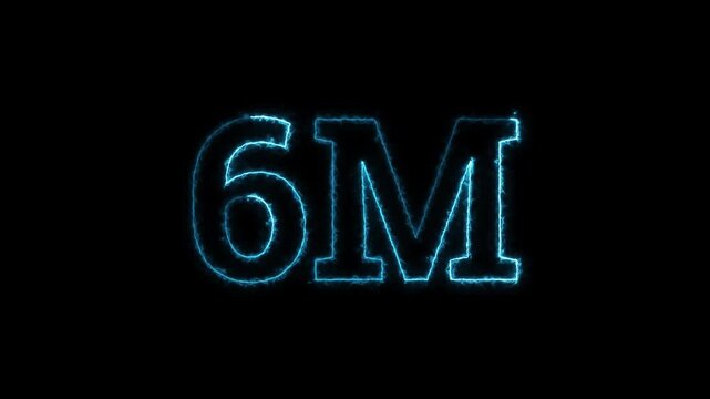 Abstract 6M Neon Glowing Number Animation Electric Blue Light on Black Background for Social Media