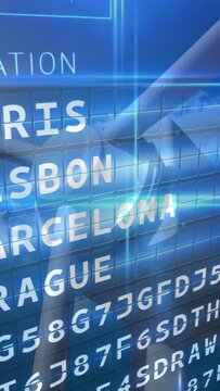 Vertical video: Opening travel board flipping, revealing cities, plane propeller and codes scanning