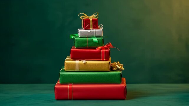 A person's hands on either side supporting a stack of brightly wrapped presents