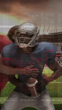 Vertical video: Man catching ball on arrival, tackler forcing fumble, sports console text scrolling