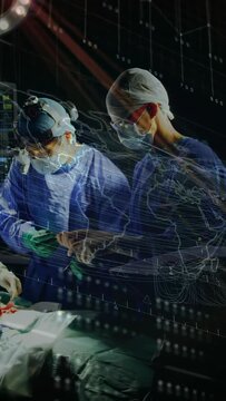 Vertical video: Surgeons starting cut, handing tools, operating, saving life with overlay hovering