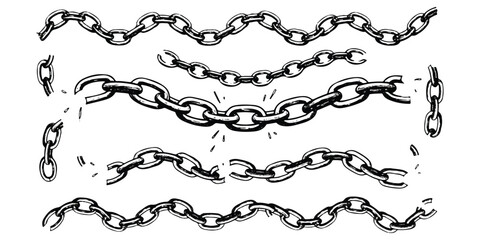 Obraz premium A black and white illustration showing various chains, some intact and some broken, symbolizing strength and freedom.