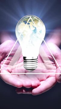 Vertical video: Pulsing triangle starting hands lifting bulb with spinning globe, showing tech idea