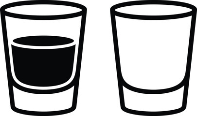 Shot glass outline icon set with filled and empty drink glasses in minimalist black vector style for bar, alcohol beverage and party design.