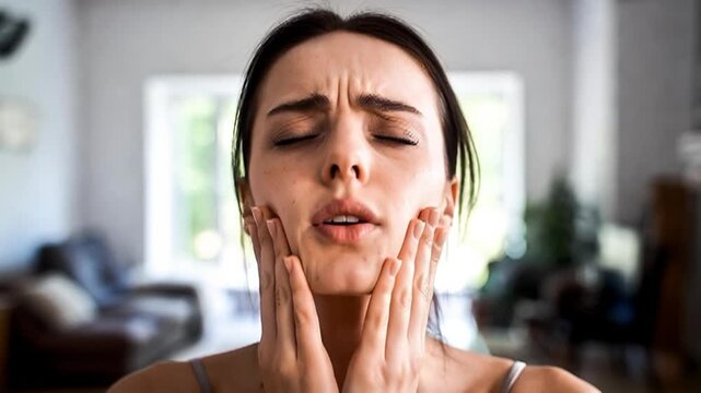 Woman experiencing headache and stress, holding her head in discomfort