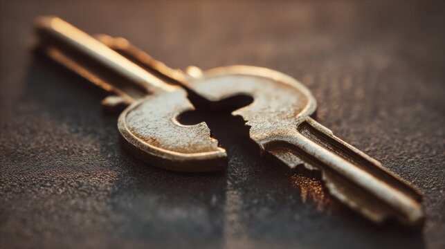 macro photography of a broken key split in half, symbol of lost opportunity or inability to access something important, soft blurred background