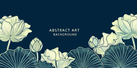 Elegant floral illustration with sketched lotus flowers and dark teal background © Shabita