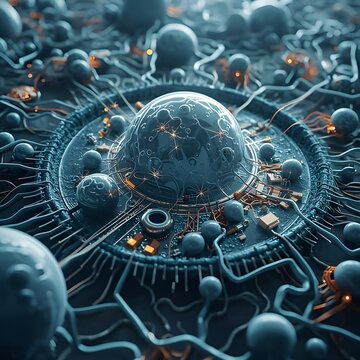 Microscopic View of Nanotechnology Core and Biological Network, 3D Render of Artificial Intelligence Bio-Cell and Cybernetic System