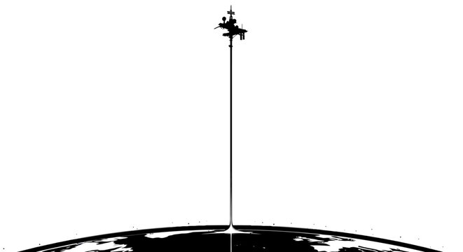 Futuristic space elevator silhouette above earth, orbital station connected to planet by cable, sci-fi space transportation concept vector