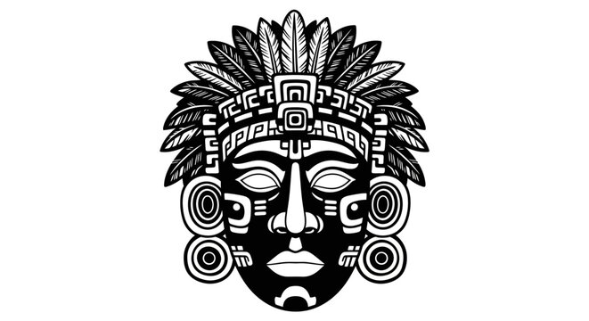 Ancient Mayan mask vector illustration, tribal Aztec warrior chief head with feather headdress, black and white indigenous culture symbol