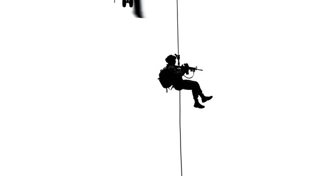 Military soldier rappelling silhouette vector, special forces operator descending rope with rifle, tactical swat team member in action