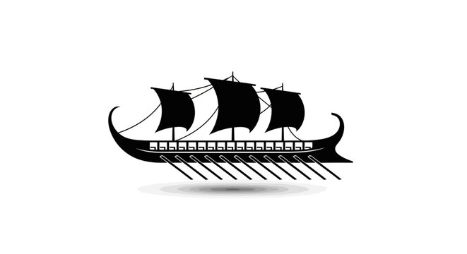Ancient Greek trireme galley silhouette, historic Mediterranean warship with oars and sails, black nautical vessel vector icon on white background