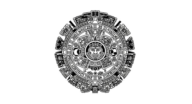 Ancient Aztec Sun Stone vector illustration, traditional Mexican calendar wheel, intricate black and white Mayan sun god symbol, ethnic tribal mandala