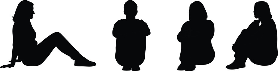 People sitting on floor silhouettes collection with different relaxed poses, casual lifestyle characters, resting posture, thinking and everyday human activity concept.