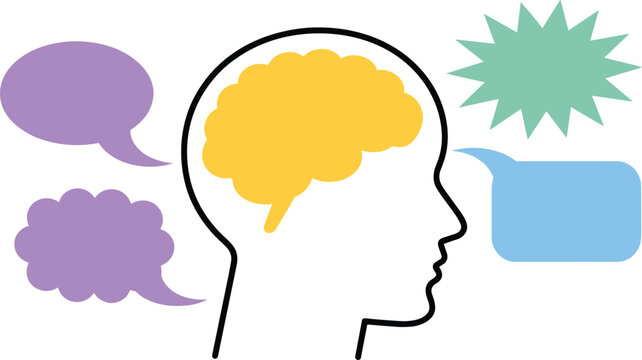 Silhouette of a human head with a yellow brain and colorful speech bubbles thinking ideas