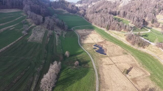 Drone flying forward over a slightly curved gravel road in a quiet rural area outside a Swiss village. The road passes near a small pond with reeds and natural wildlife habitat, while the terrain slow