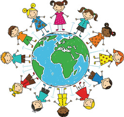 Cartoon illustration of diverse children holding hands around globe, multicultural unity concept, global togetherness, inclusivity, childhood diversity and international friendship design