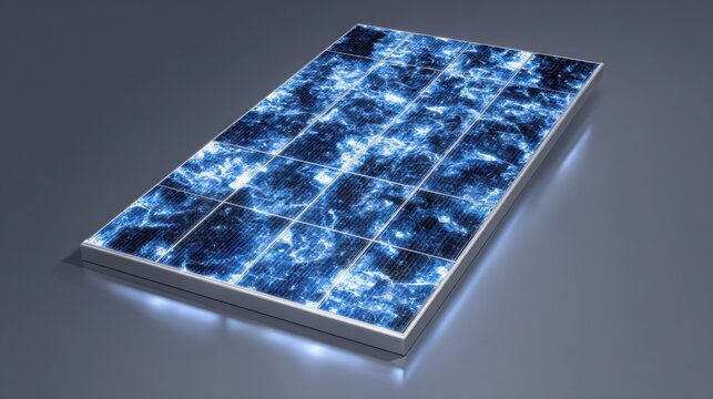 studio photography of a polycrystalline solar panel isolated on neutral background, blue crystal pattern visible, renewable energy concept, soft